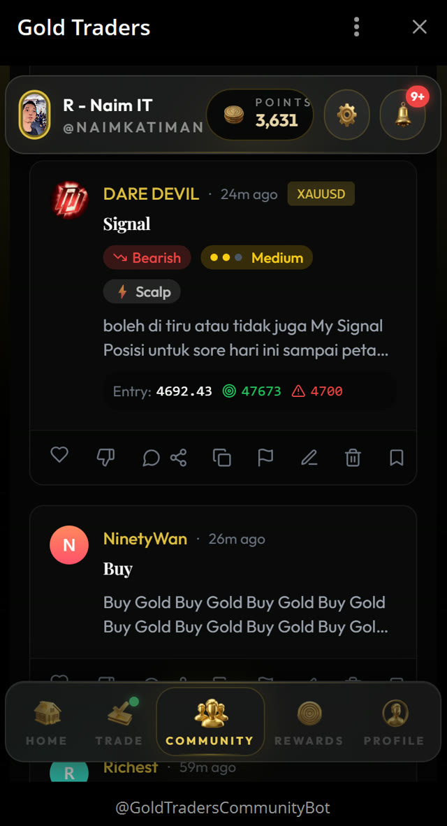 GoldTraders community tab with idea board, polls with reaction counts, and threaded comments
